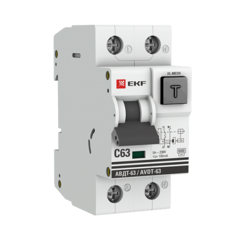 Дифференциальный автомат АВДТ-63 63А/100мА (характеристика C, эл-мех, тип АС) 6кА EKF PROxima Дифференциальный автомат АВДТ-63 63А/100мА (характеристика C, эл-мех, тип АС) 6кА EKF PROxima