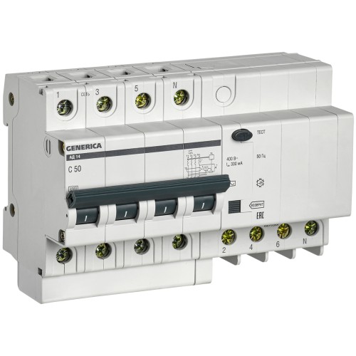 Дифференциальный автоматический выключатель АД14 4Р 50А 300мА GENERICA Дифференциальный автоматический выключатель АД14 4Р 50А 300мА GENERICA