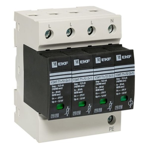 Устройство защиты от импульсных перенапряжений Т1+Т2; Iimp-12,5kA; In-20kA; Uc-275В; 3+1 EKF PROxima Устройство защиты от импульсных перенапряжений Т1+Т2; Iimp-12,5kA; In-20kA; Uc-275В; 3+1 EKF PROxima